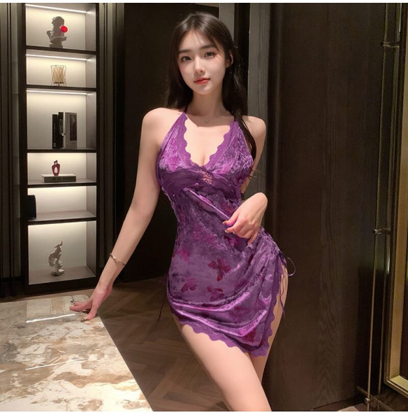 FEE ET MOI - Butterfly Print Deep V Velvet Dress (Purple) FEE ET MOI - Butterfly Print Deep V Velvet Dress (Purple)